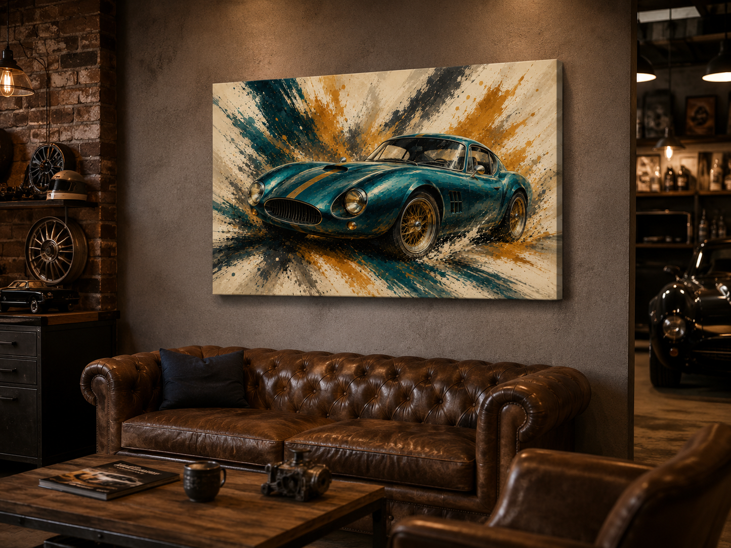 Teal Velocity vintage sports car canvas displayed in a premium automotive garage lounge