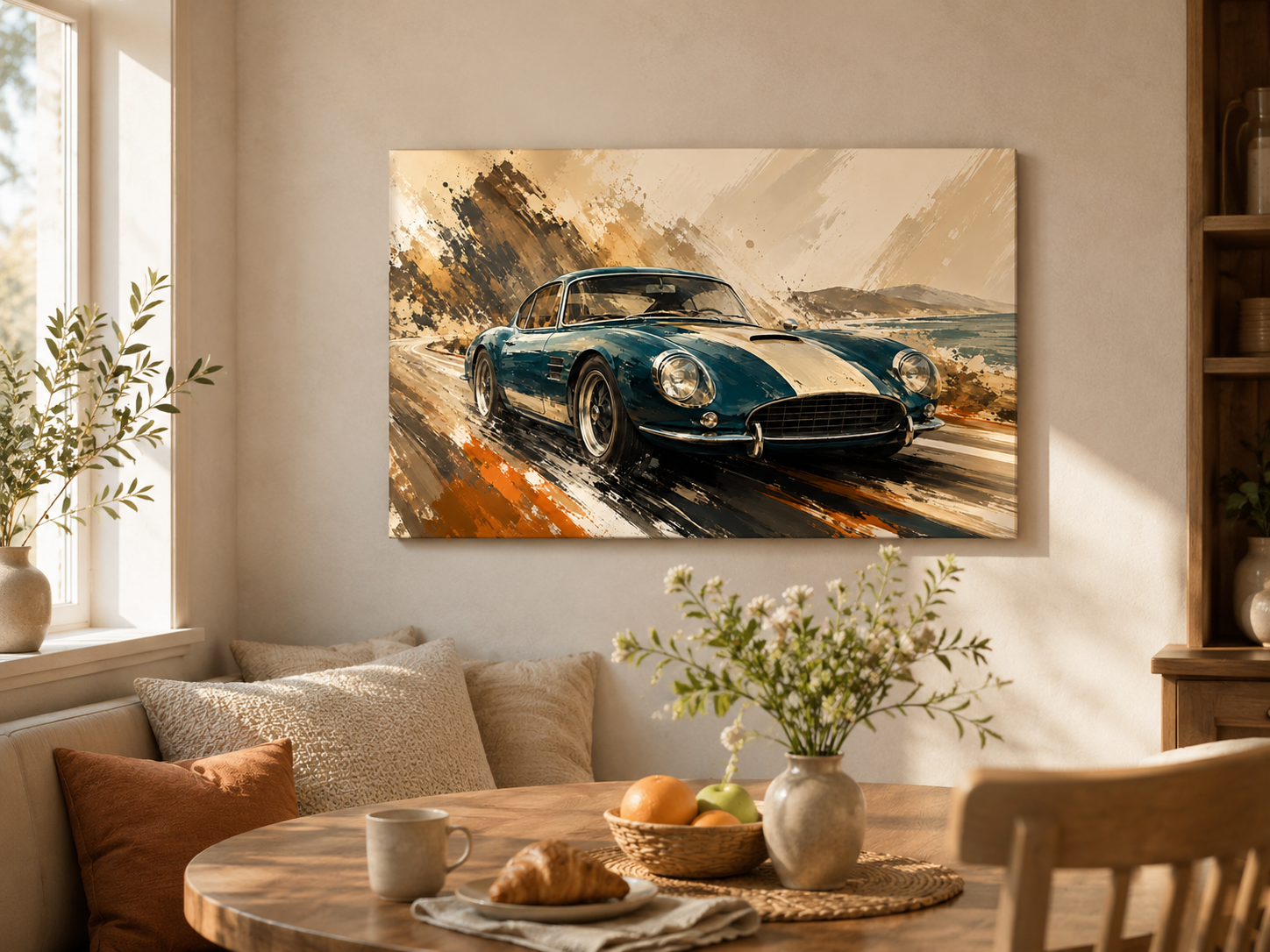 Azure Escape painterly car canvas displayed in a bright breakfast nook
