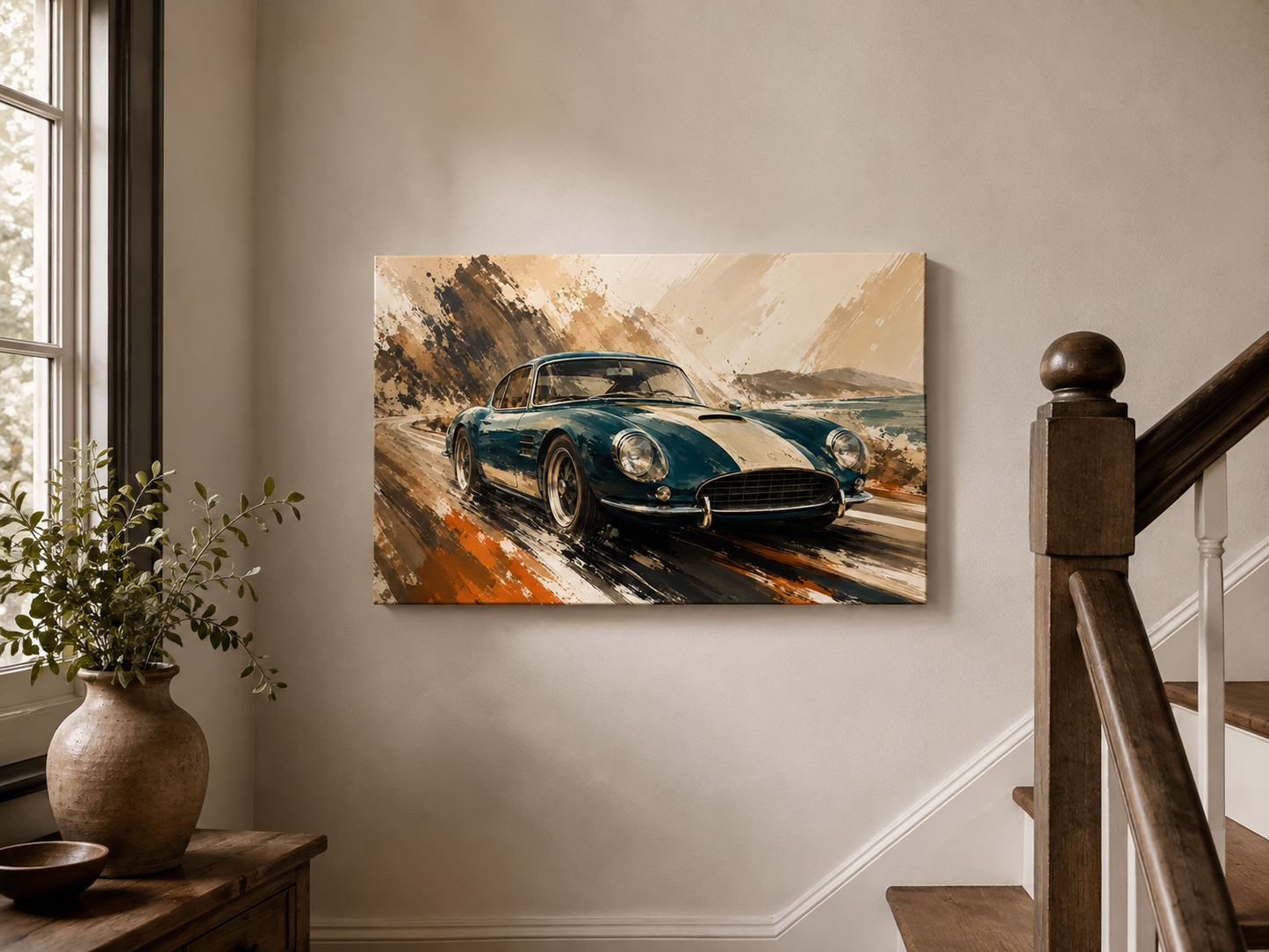 Azure Escape illustrated sports car canvas displayed beside a staircase landing
