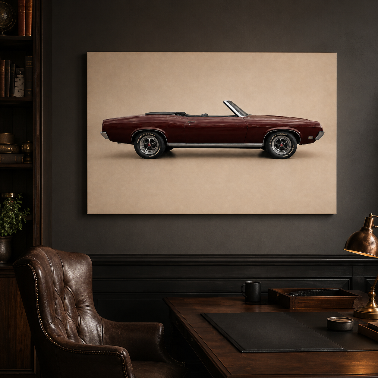 Burgundy Open Road minimalist car canvas displayed in a dark executive office