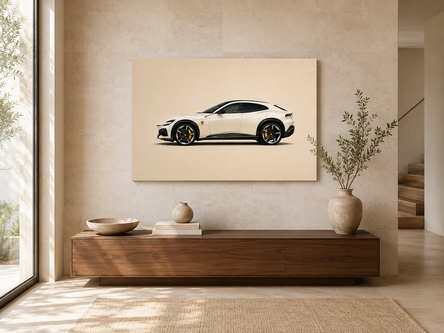 Ivory V12 white automotive canvas wall art displayed above a wooden sideboard in a contemporary interior