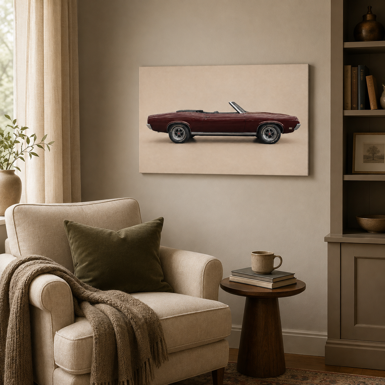 Burgundy Open Road classic convertible canvas displayed in a cosy reading corner