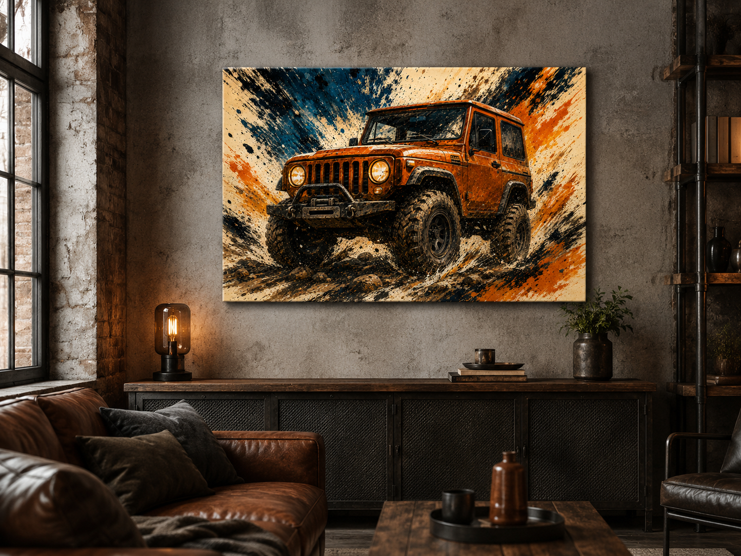 Trail Burst illustrated 4x4 wall art in an industrial space