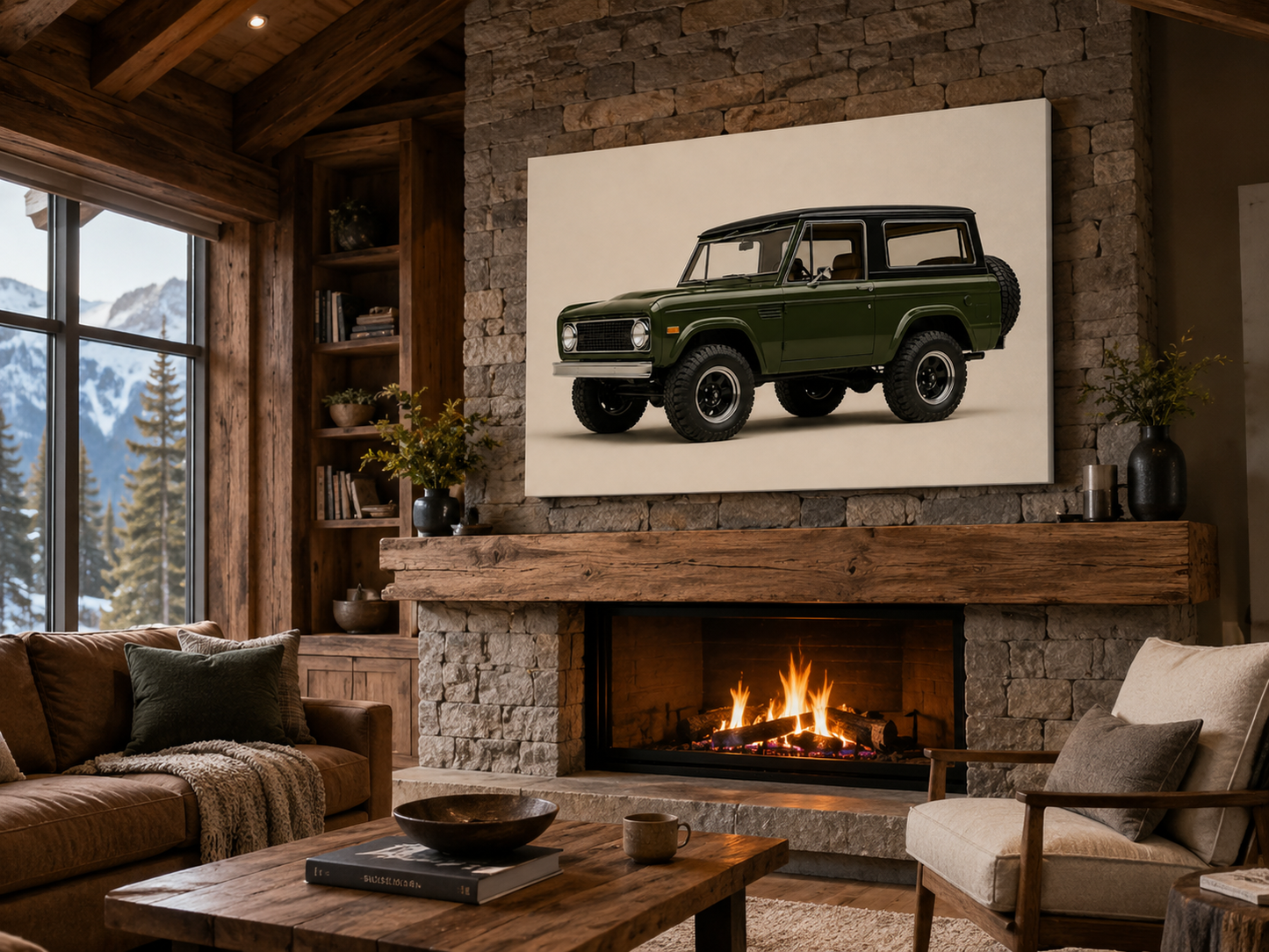 Olive Trail 4x4 canvas displayed above a stone fireplace in a mountain lodge