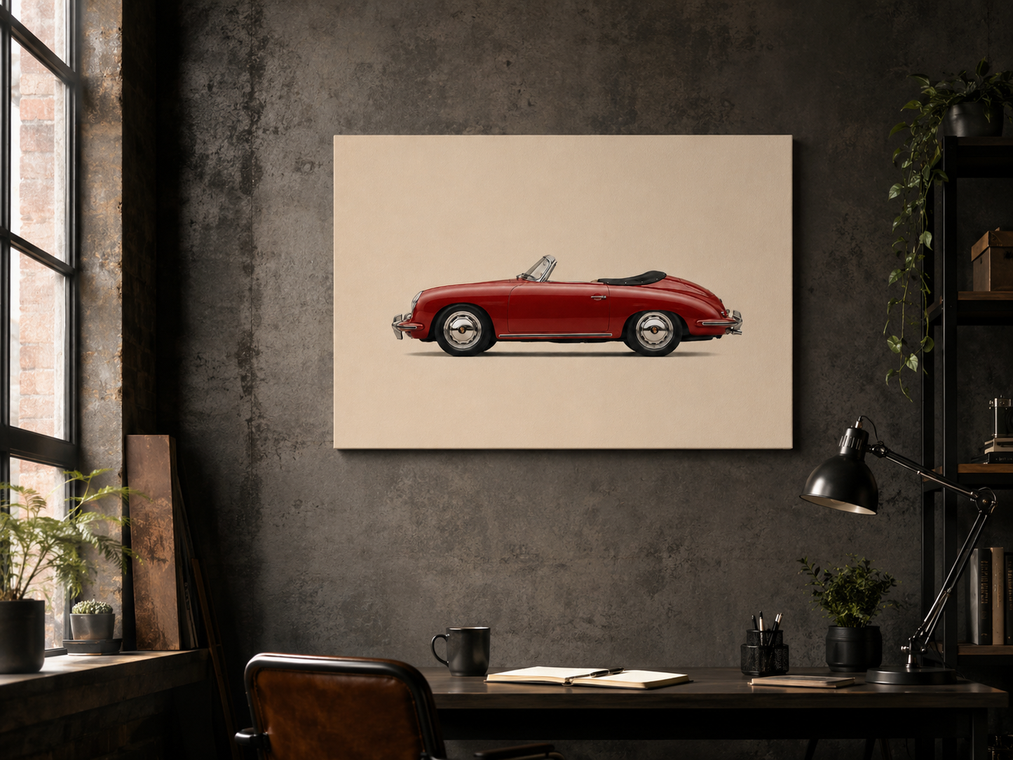 Red vintage roadster canvas displayed in an industrial style home office with concrete walls