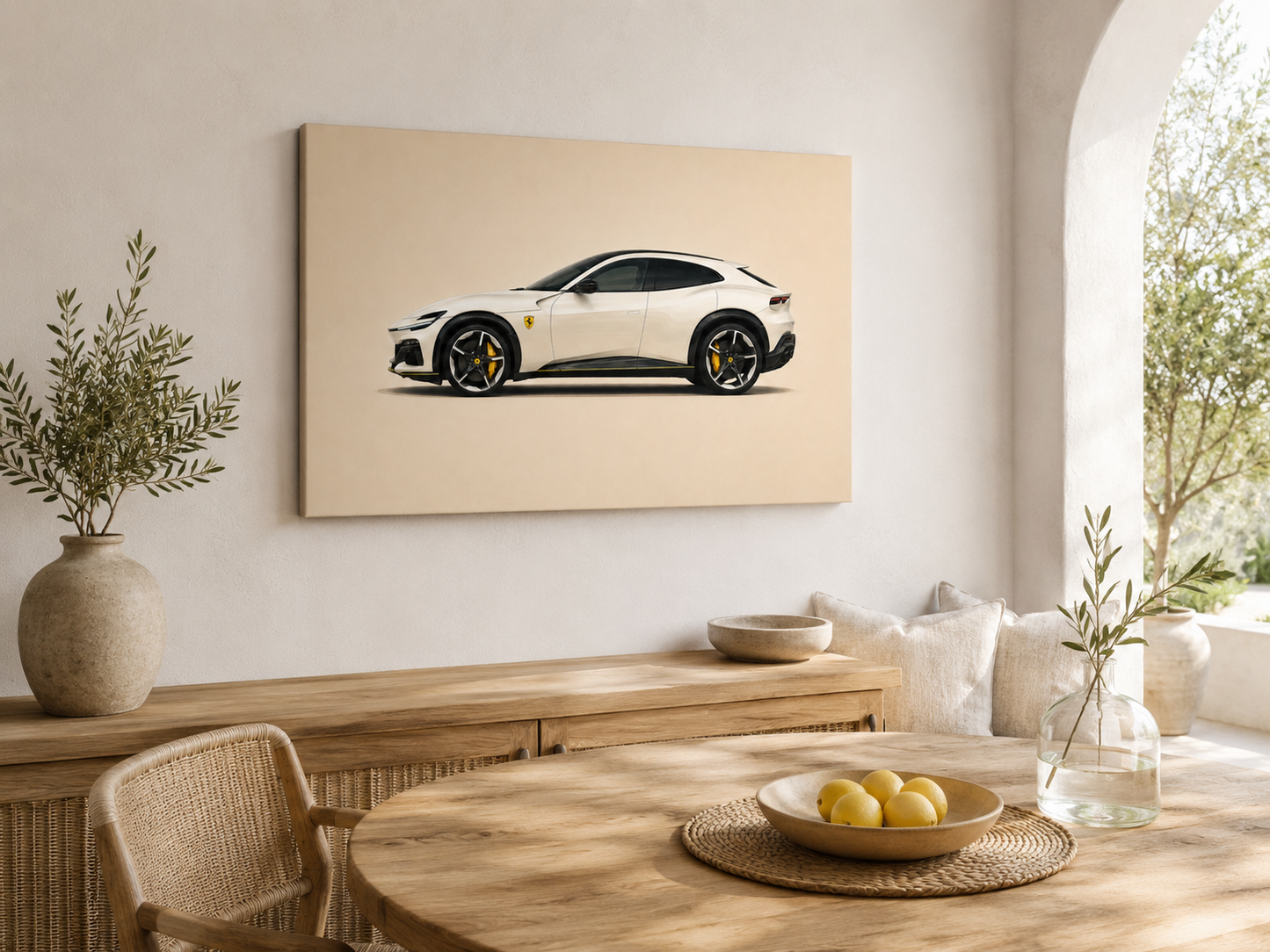 Minimalist white performance SUV canvas wall art displayed in a beige modern dining room