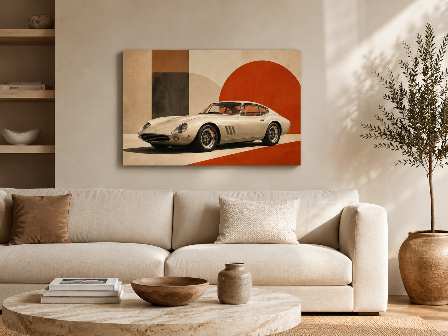 Crimson Geometry automotive wall art displayed above a bright neutral living room sofa