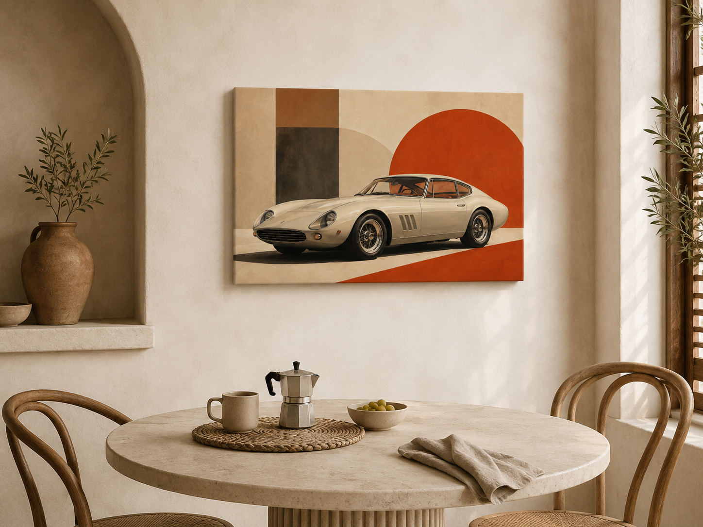 Crimson Geometry classic car art displayed in a bright Mediterranean dining nook
