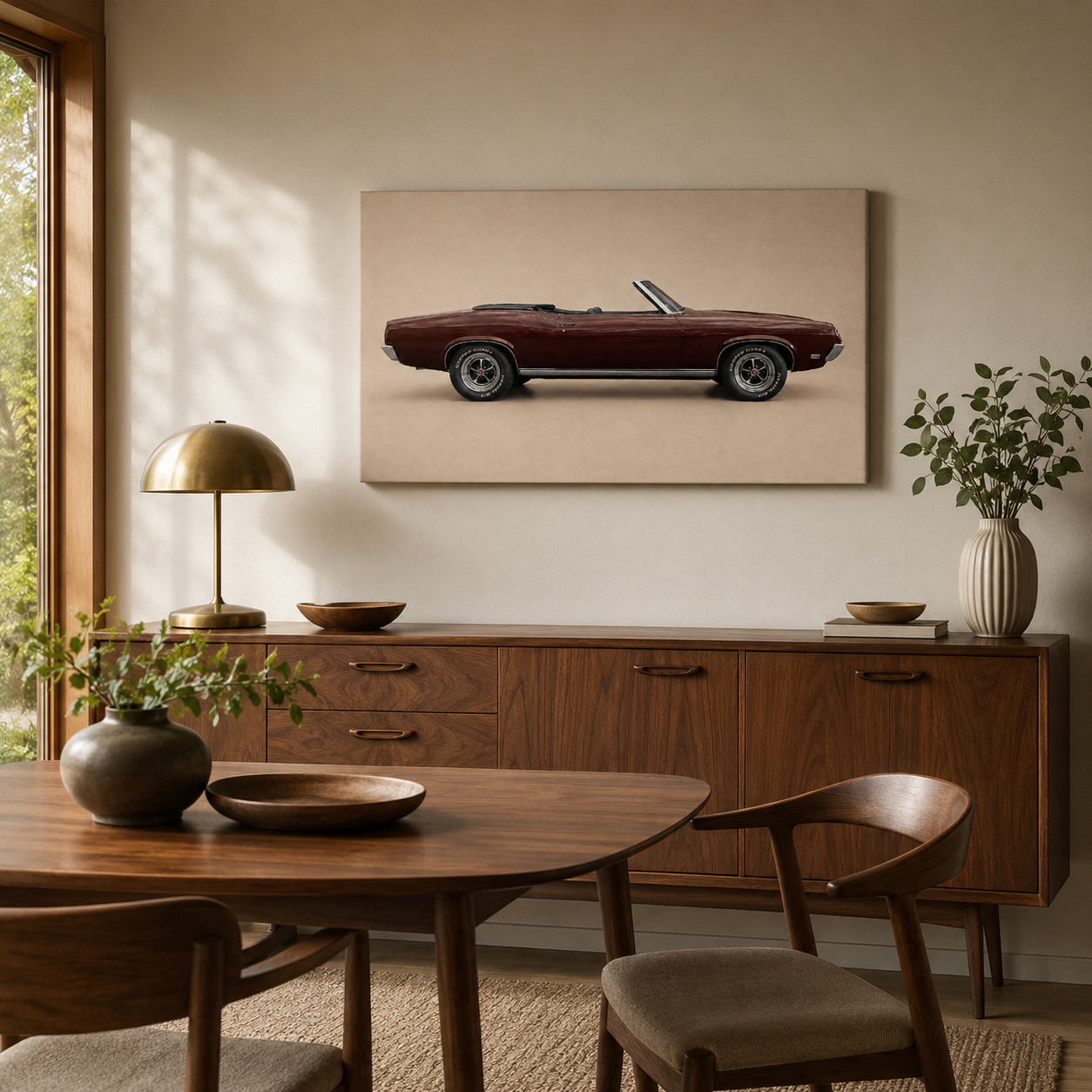 Burgundy Open Road burgundy convertible canvas displayed in a warm mid century dining room