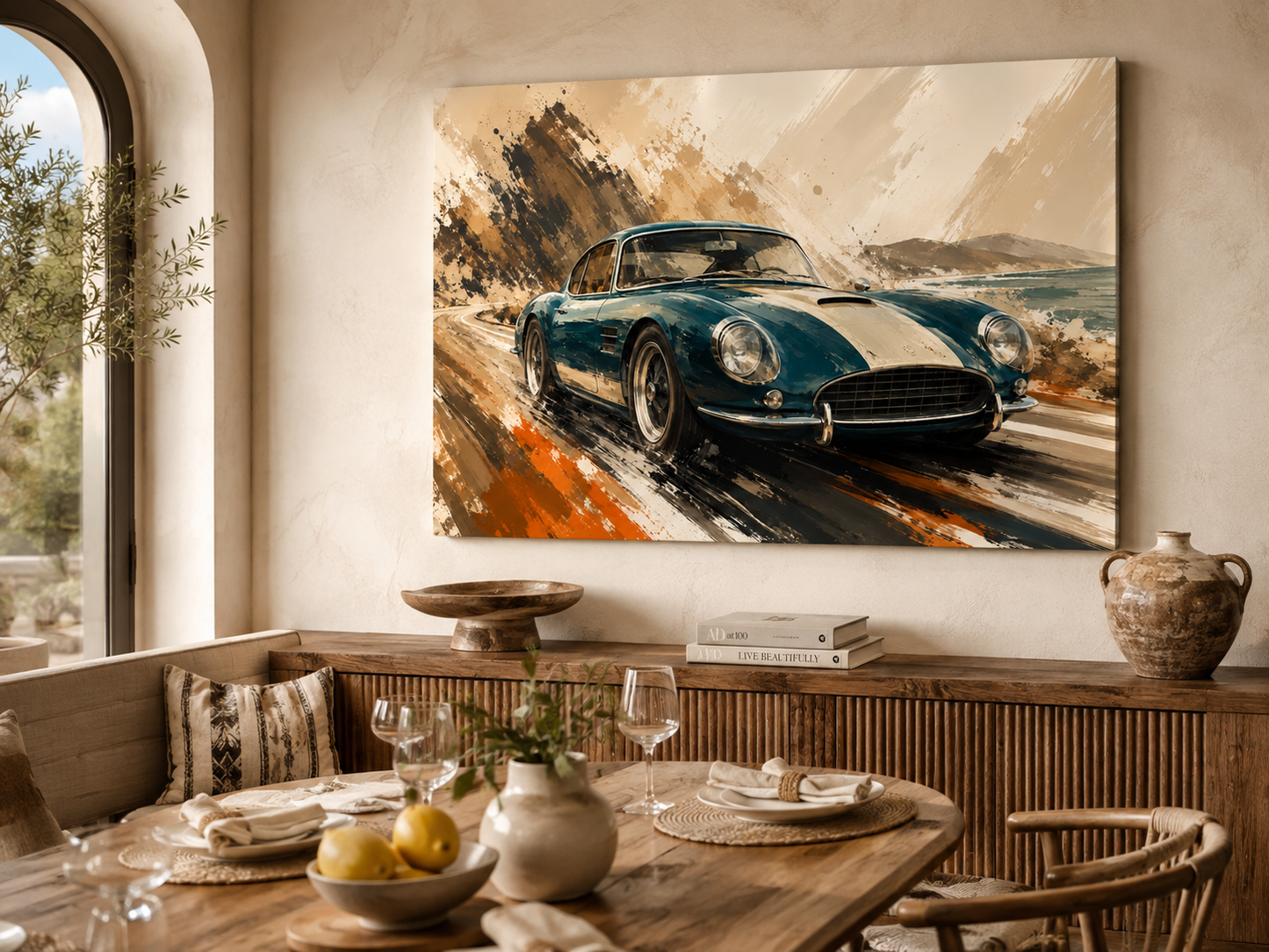 Azure Escape illustrated car canvas displayed in a warm Mediterranean dining room