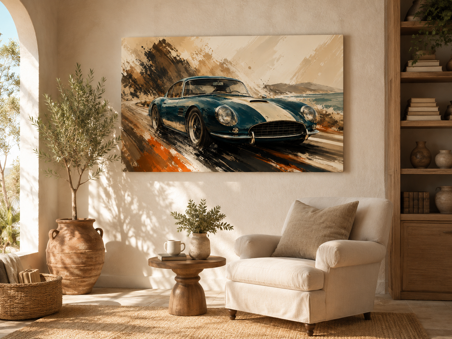 Azure Escape teal sports car wall art displayed in a bright reading corner