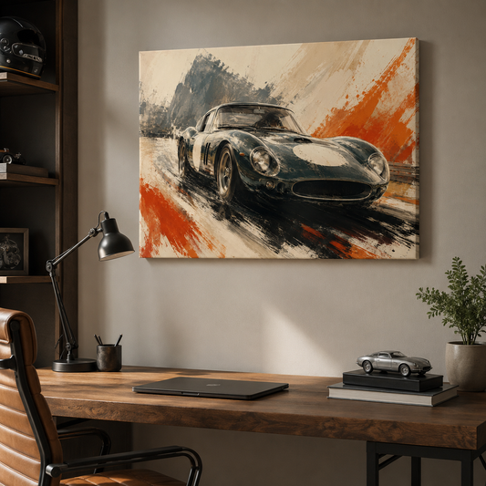 Expressive motorsport canvas displayed above a modern office desk