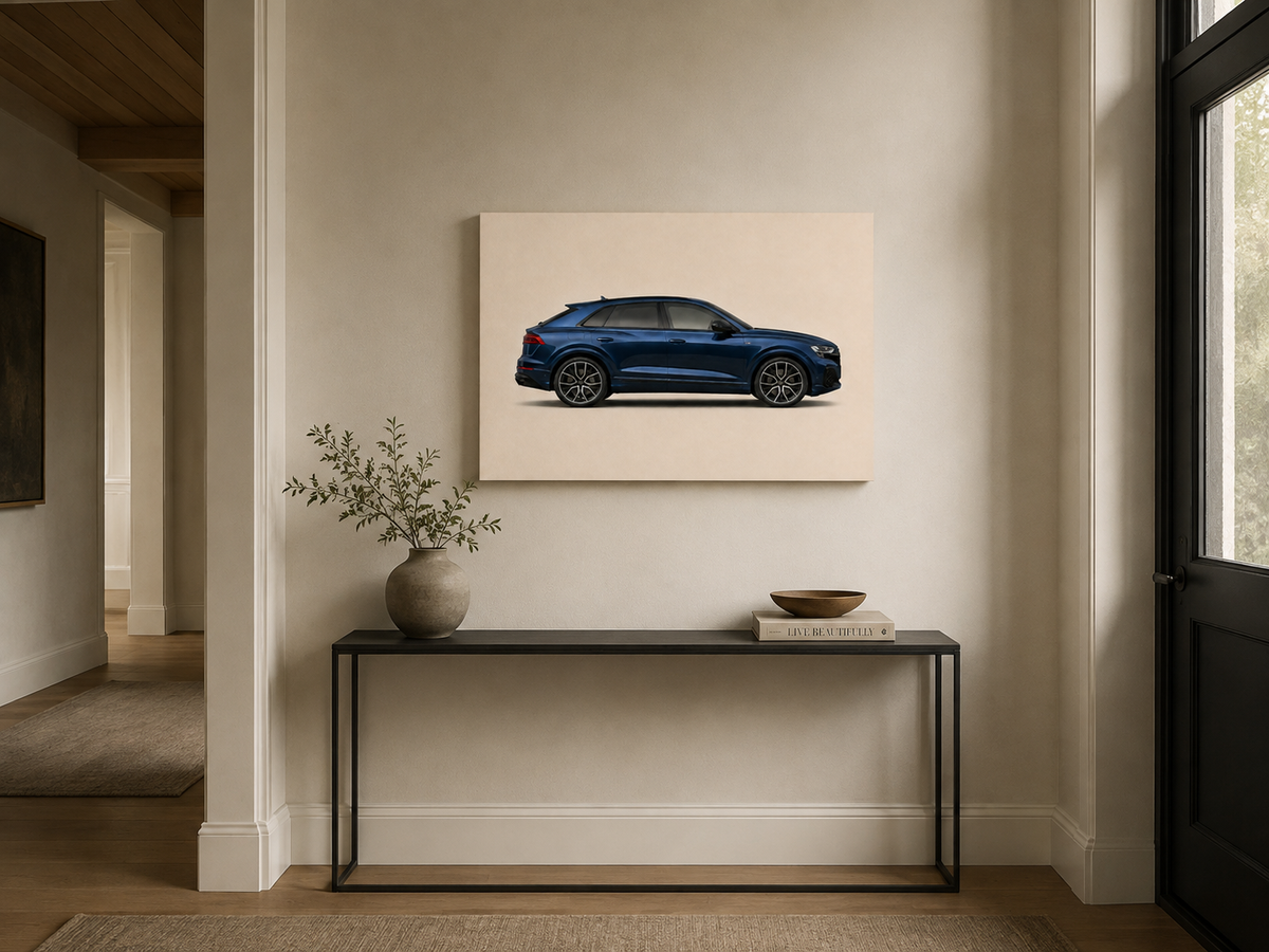 Midnight Q8 minimalist luxury SUV canvas above a slim console table in a bright hallway