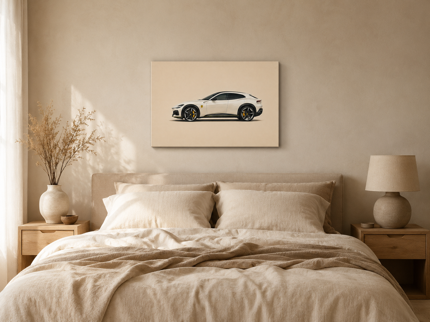 Minimalist luxury performance SUV canvas print above a bed in a neutral modern bedroom