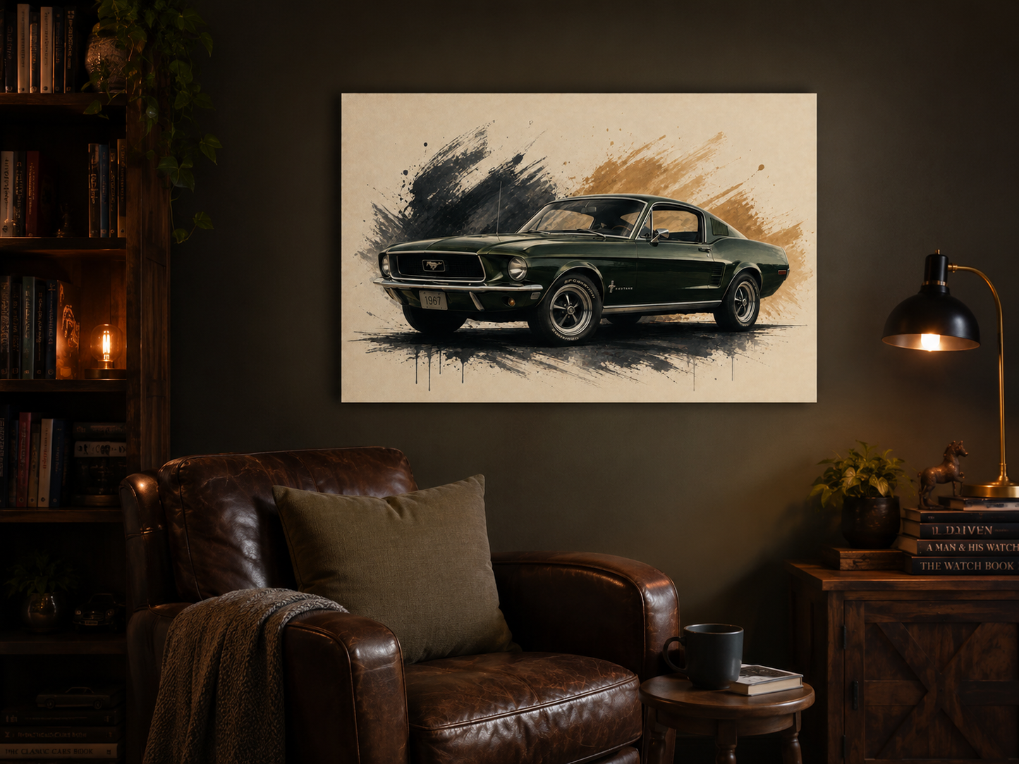 Hunter Fastback green fastback wall art in a moody reading room with leather chair and bookshelves