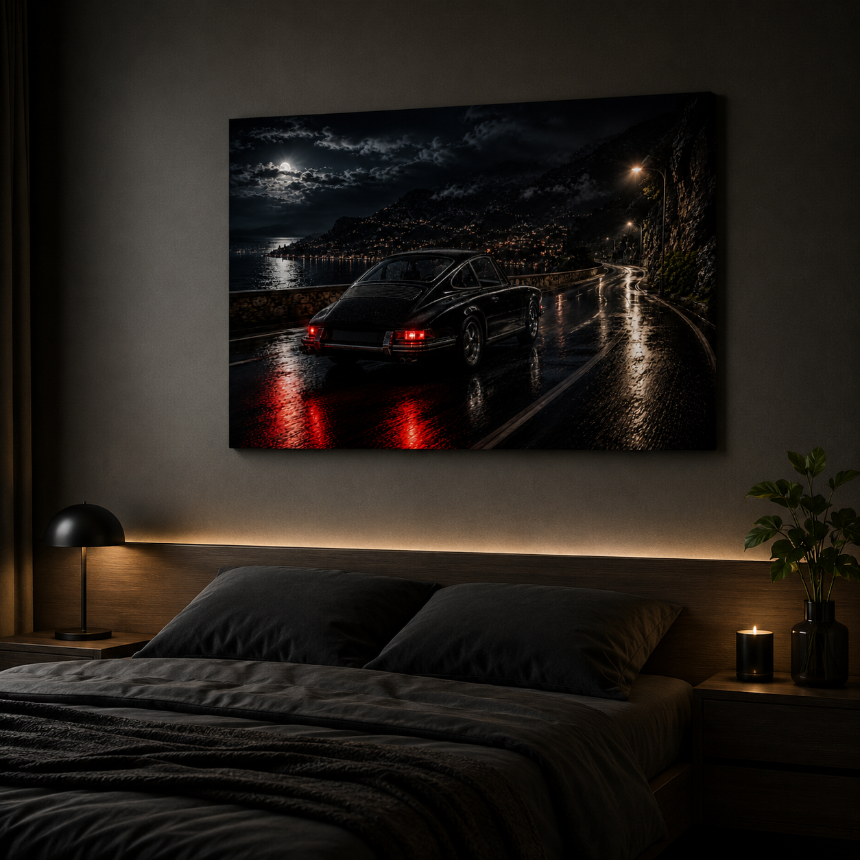 Midnight Pursuit dark automotive canvas displayed in a modern bedroom
