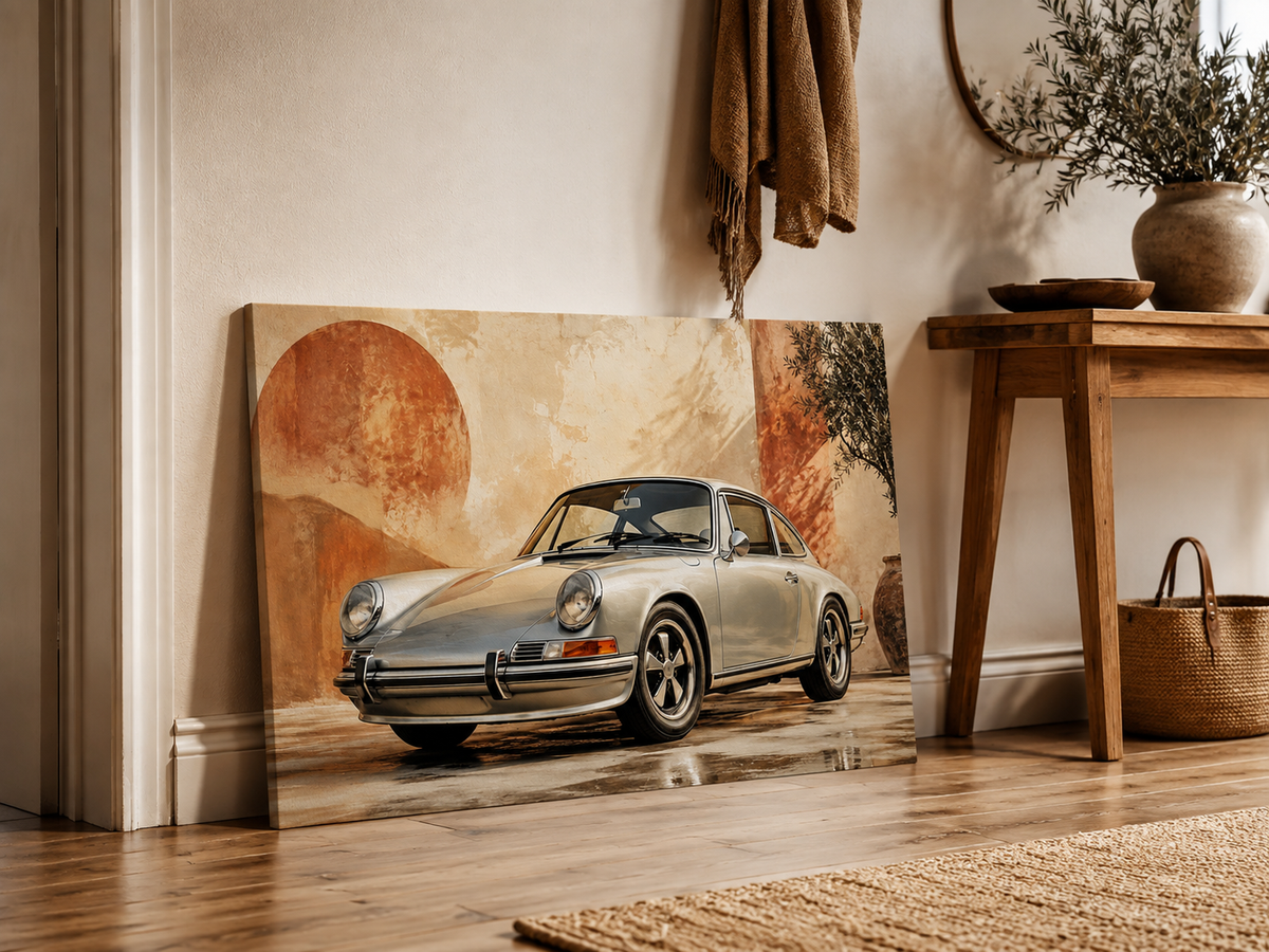 Terracotta 911 classic sports car canvas leaning on the floor in a warm Mediterranean entryway