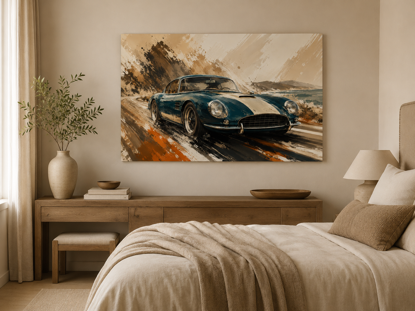 Azure Escape coastal sports car canvas displayed in a calm modern bedroom