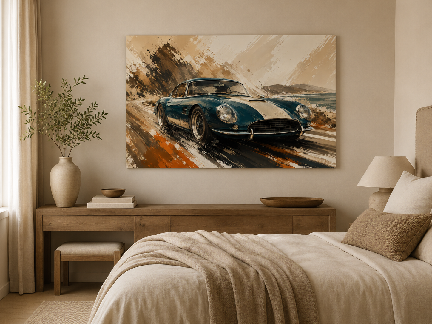 Azure Escape coastal sports car canvas displayed in a calm modern bedroom