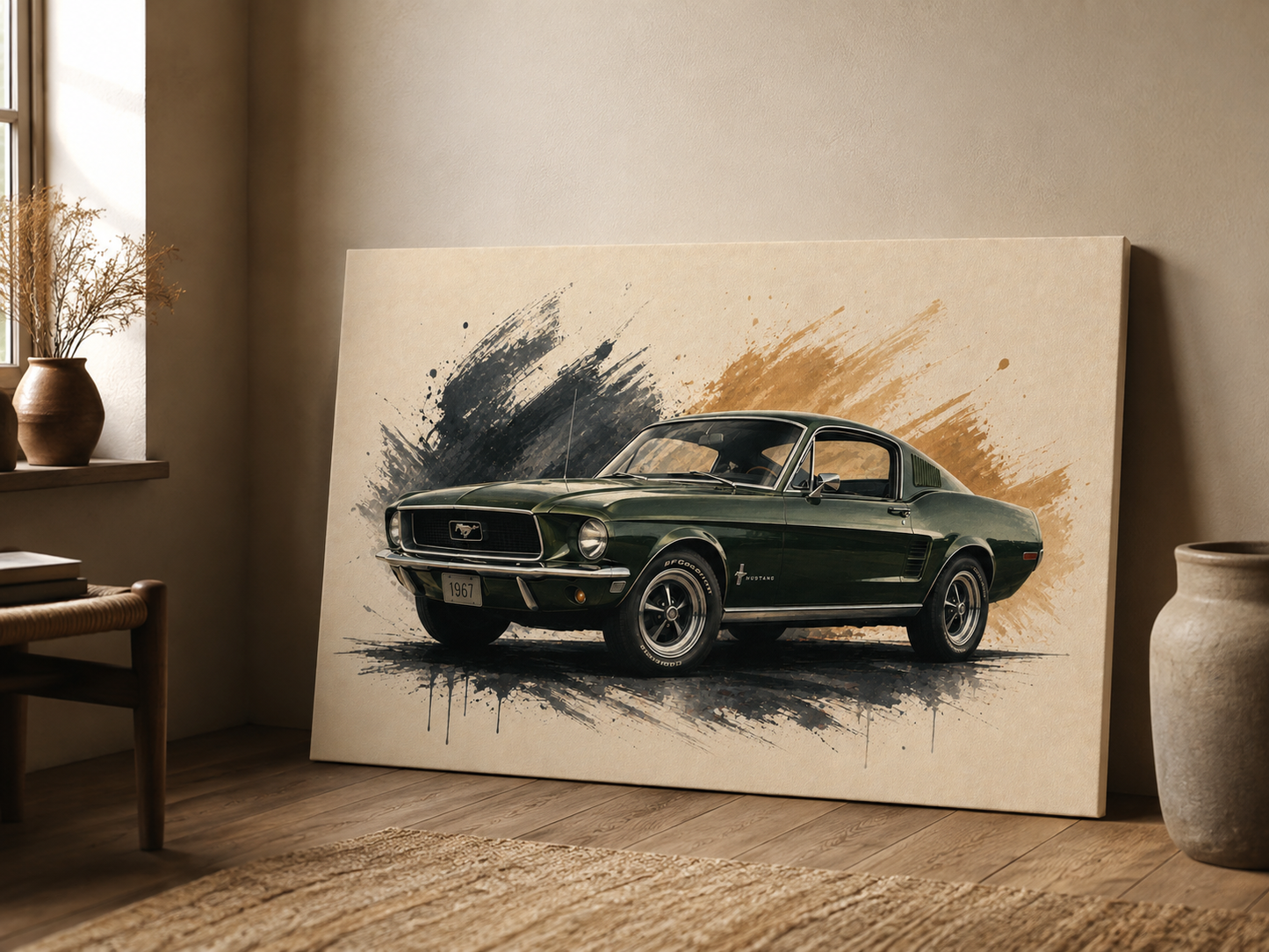 Hunter Fastback illustrated green muscle car canvas leaning on the floor in a warm neutral interior