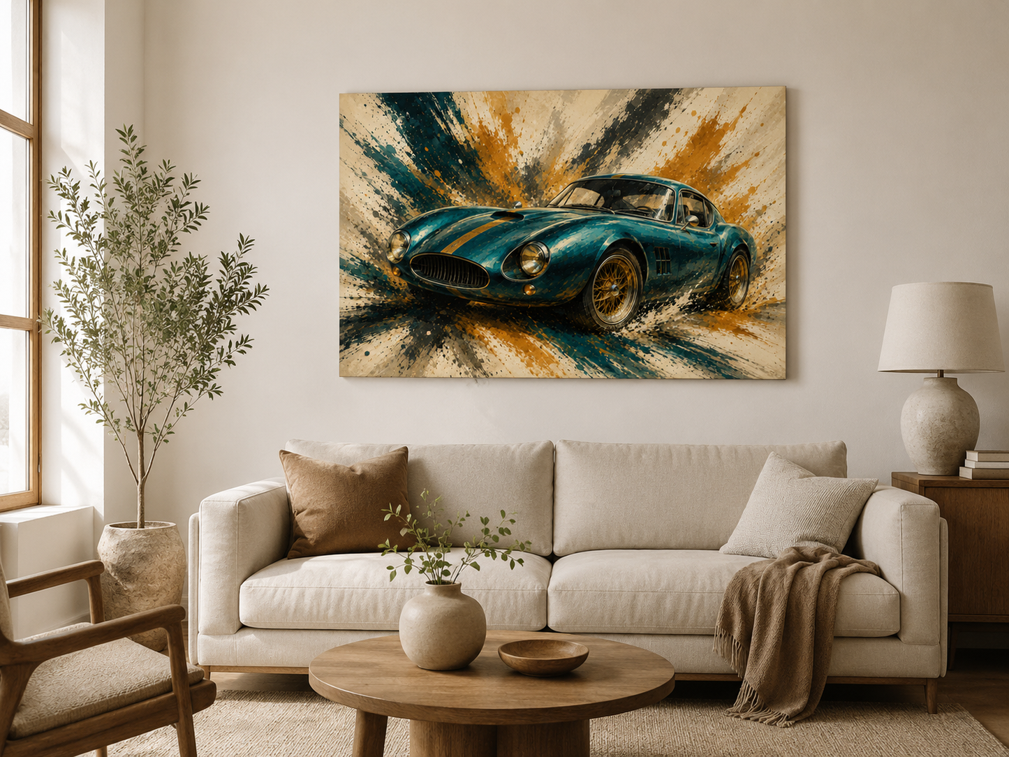 Teal Velocity illustrated vintage sports car canvas displayed in a bright modern living room