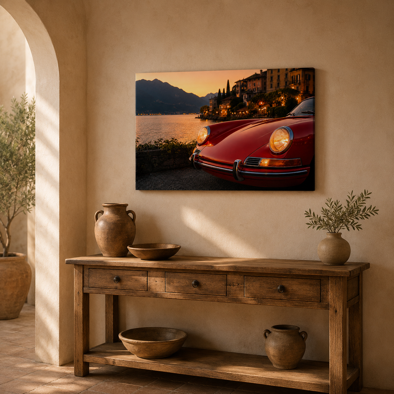 Crimson Riviera cinematic classic car canvas displayed above a rustic wooden console table