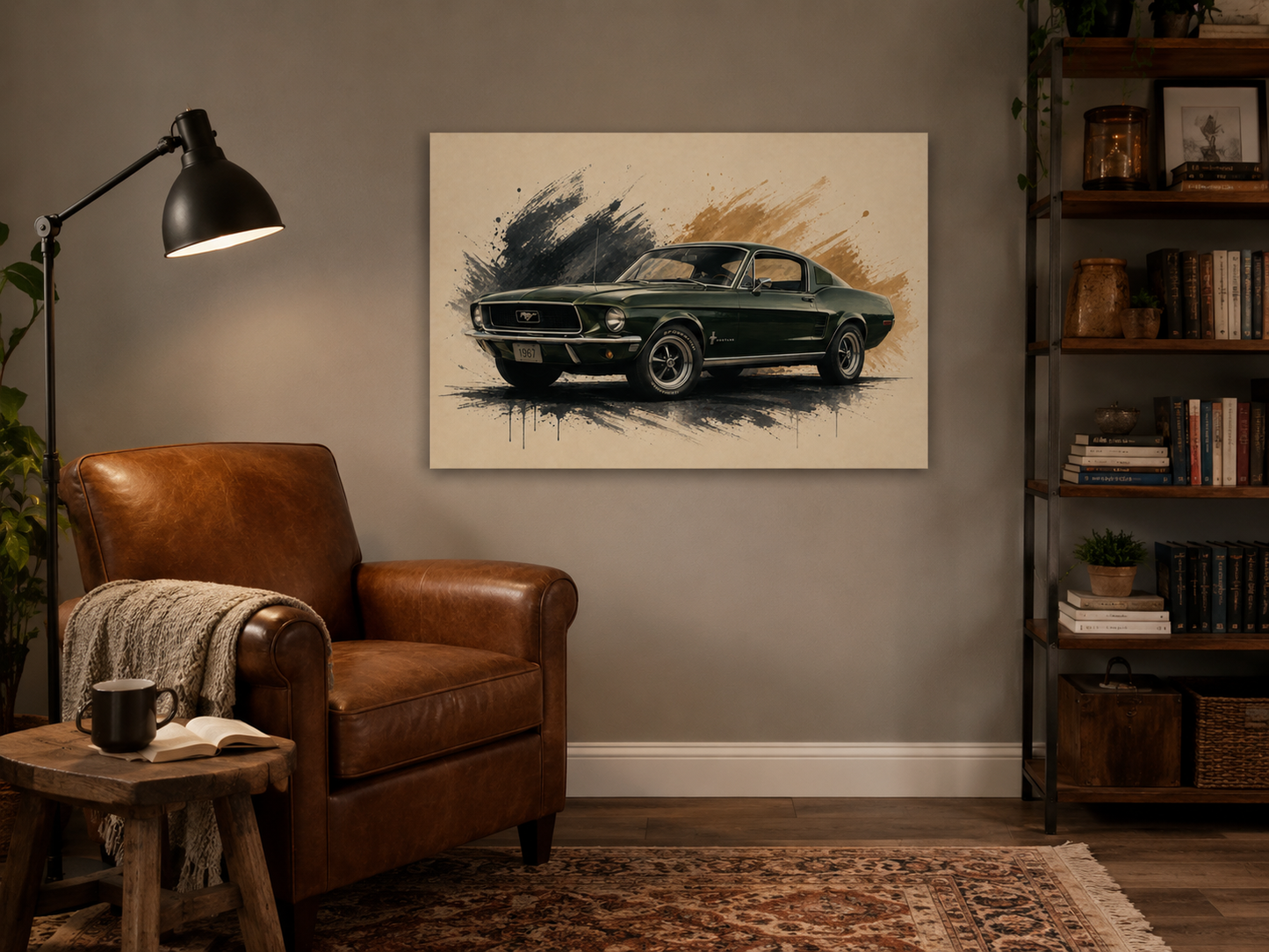 Hunter Fastback illustrated automotive canvas in a cozy reading corner with leather armchair