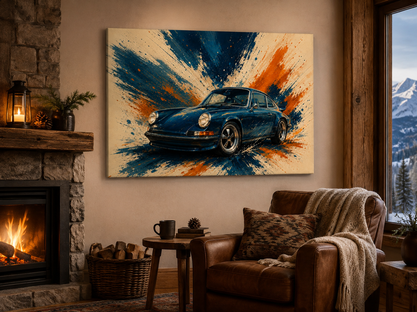 Blue Velocity blue automotive canvas displayed beside a fireplace in a mountain lodge