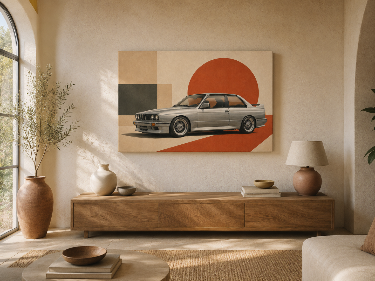 Silver Apex geometric silver coupe canvas wall art in a warm minimalist living room