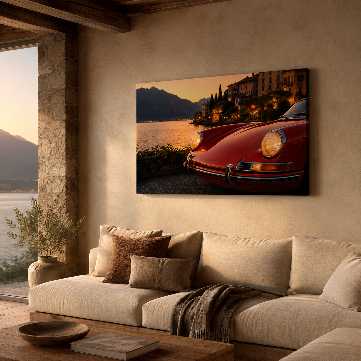 Red vintage sports car canvas wall art in a warm Mediterranean living room