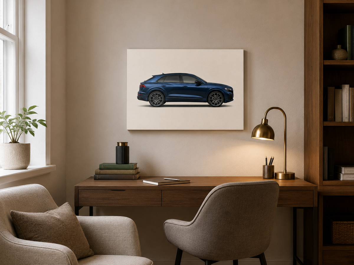 Midnight Q8 minimalist blue SUV canvas displayed above a wooden desk in a bright home office