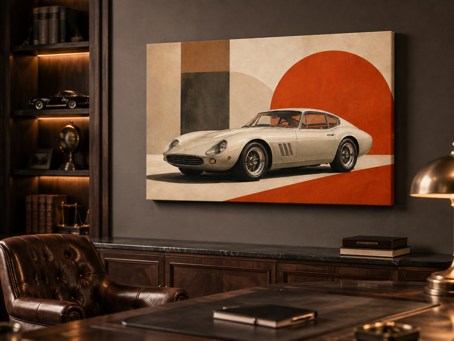 Crimson Geometry classic car art displayed in a dark luxury executive office