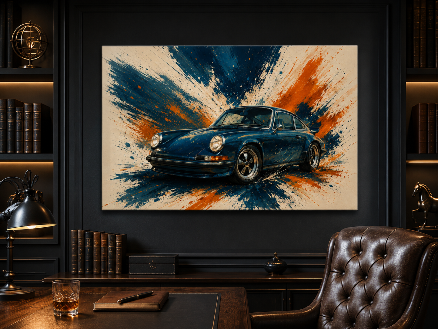 Blue Velocity blue classic car canvas displayed in a dark luxury executive office