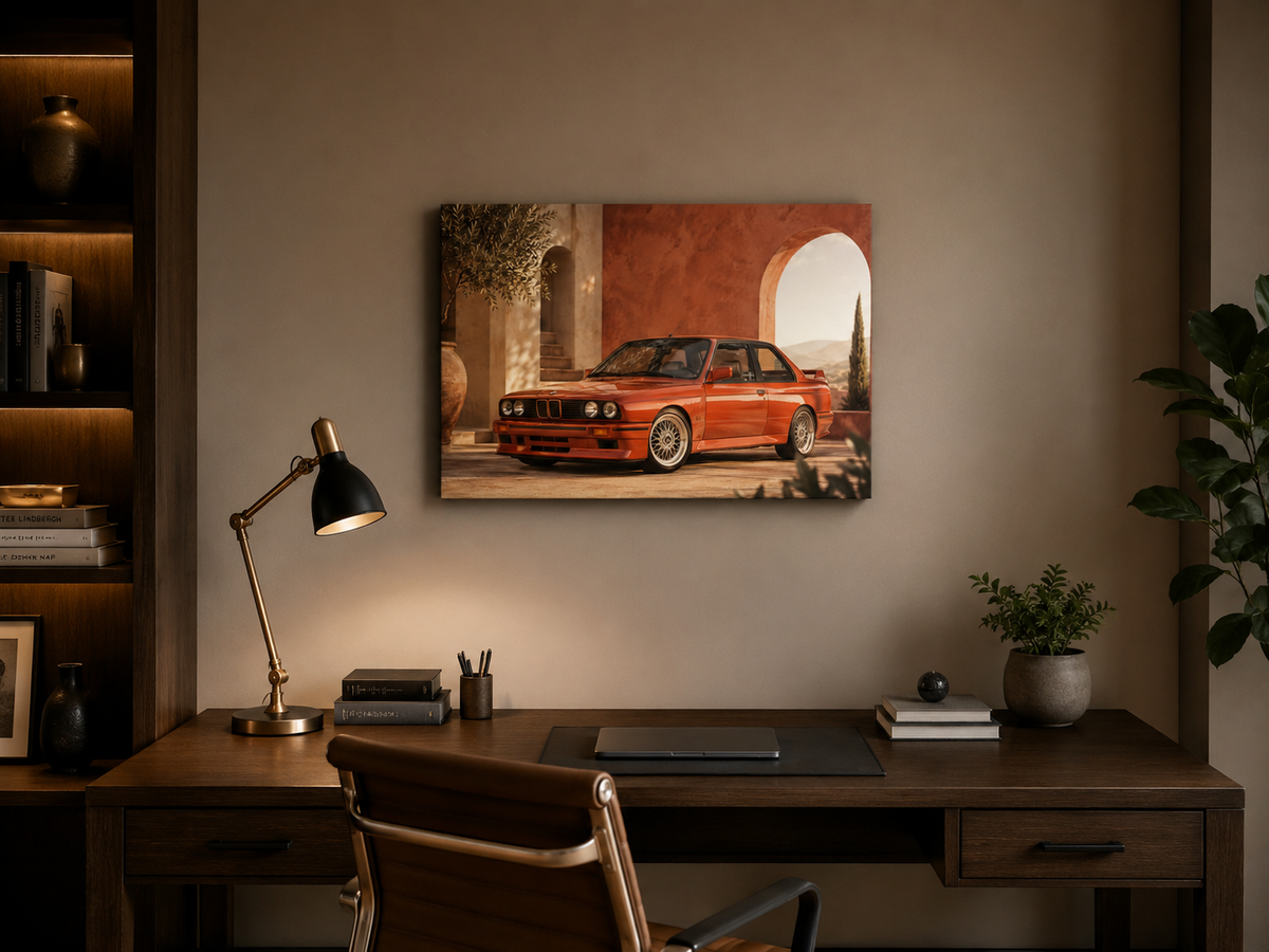 Rosso M3 classic red sports car canvas above a wooden desk in a warm study
