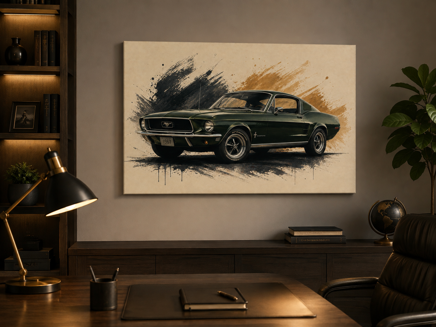 Hunter Fastback illustrated muscle car canvas in a dark sophisticated executive office