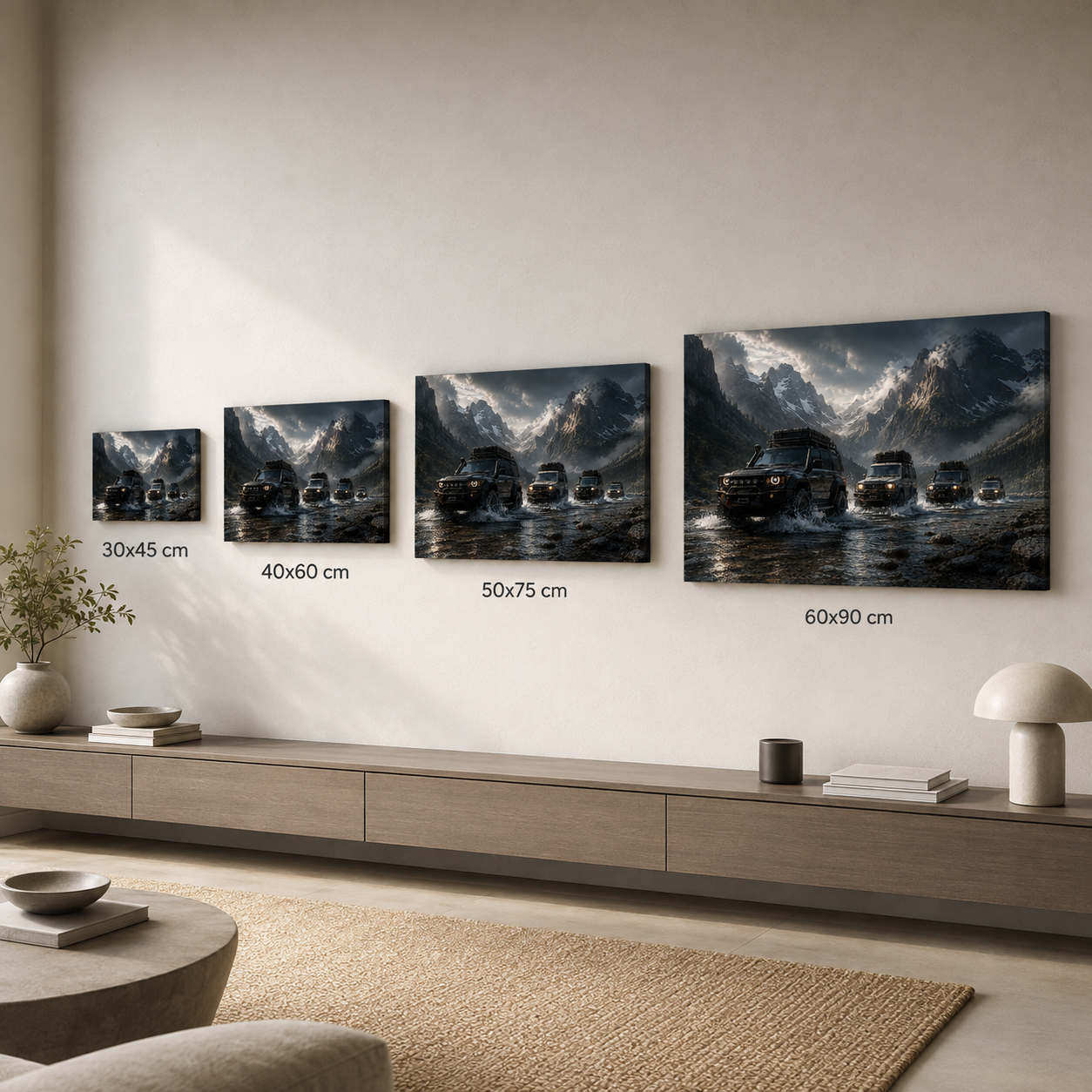 Alpine Passage canvas size comparison in 30x45 40x60 50x75 and 60x90 cm