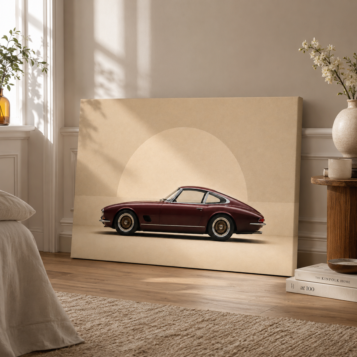 Burgundy Horizon minimalist car canvas leaning against a wall in a bright neutral bedroom