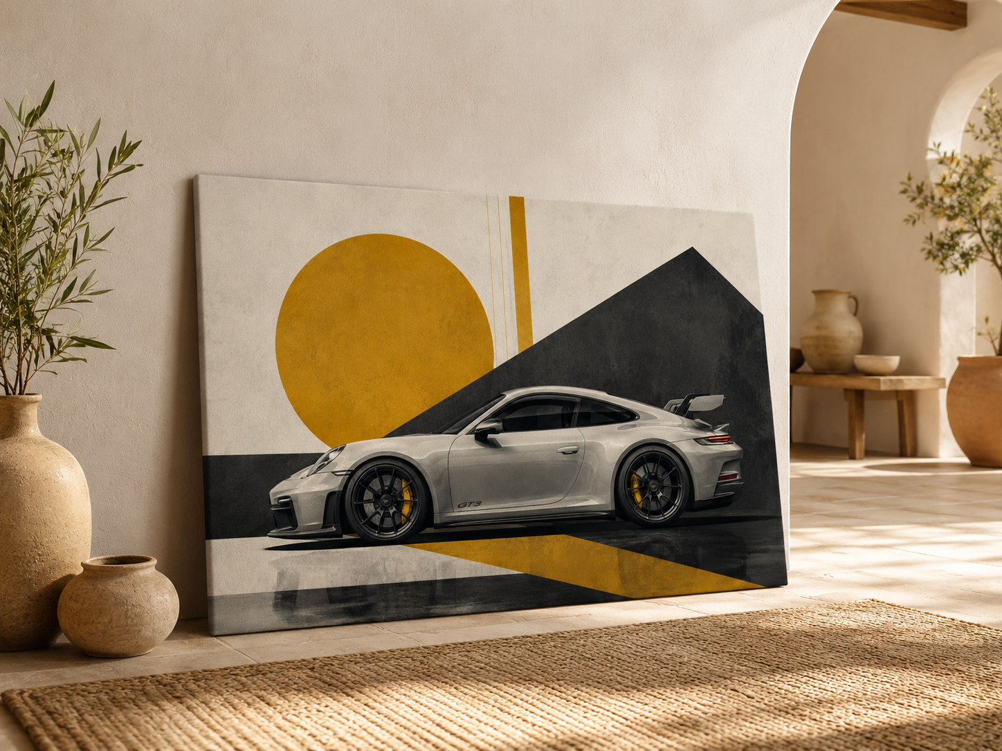 Golden Apex modern performance car canvas leaning on the floor in a warm Mediterranean interior
