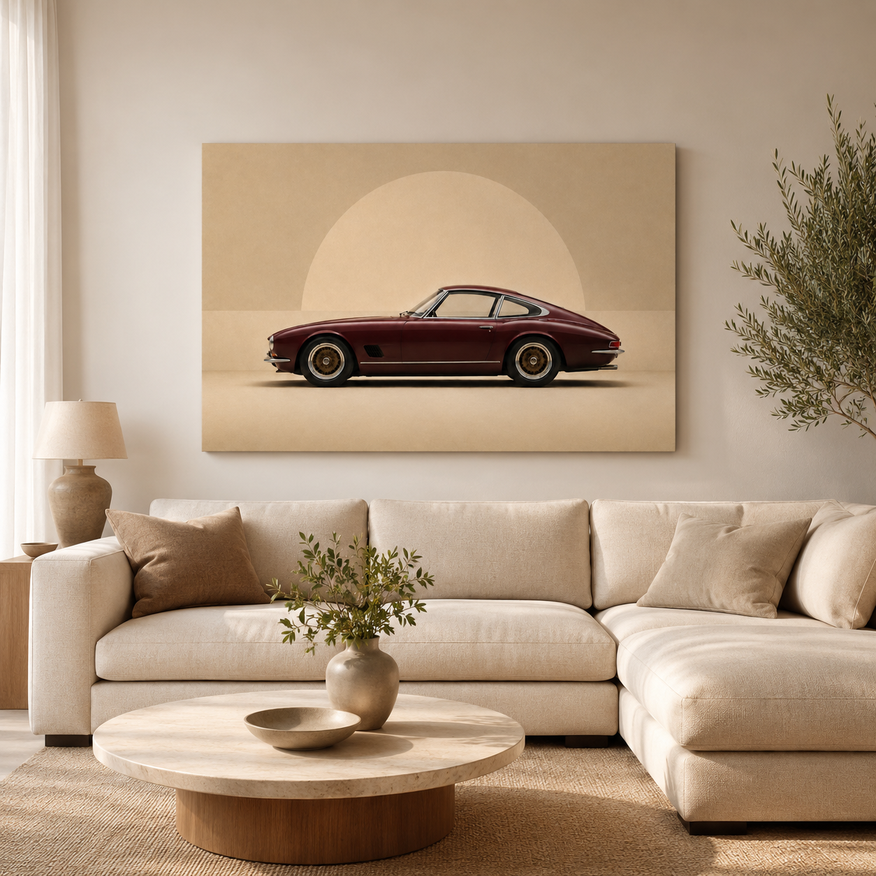 Burgundy Horizon burgundy classic car canvas displayed in a warm contemporary living room