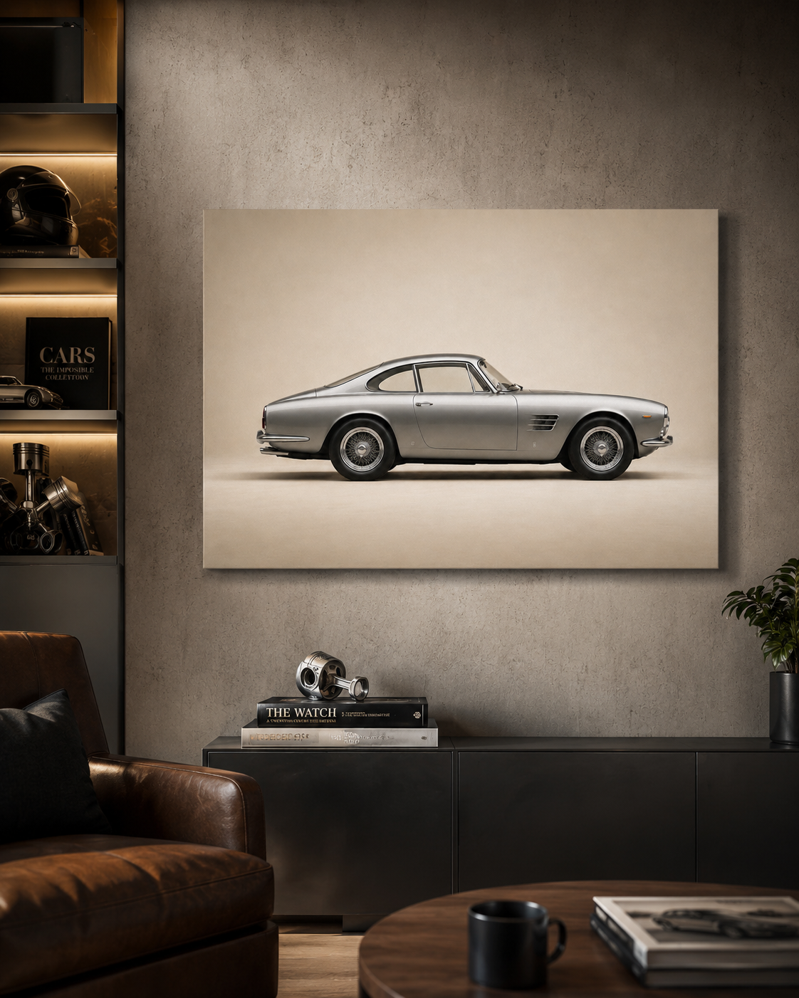 Classic silver car canvas displayed in an automotive inspired room