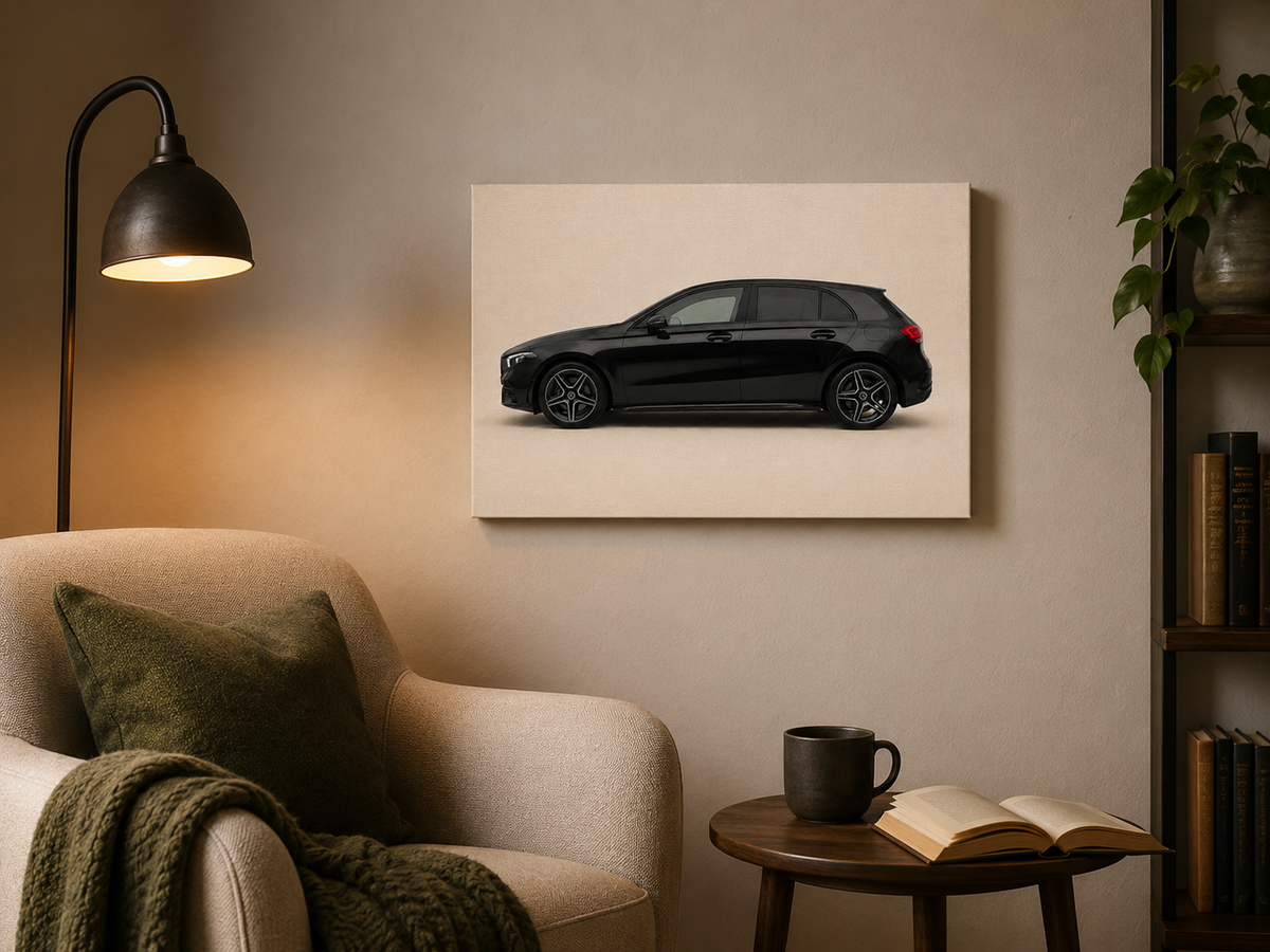 Blackline A minimalist black car canvas displayed in a cozy reading corner