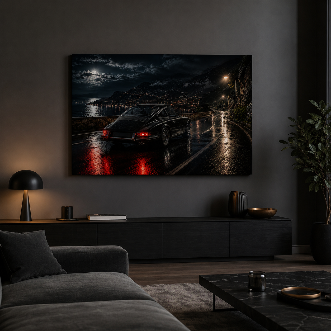 Midnight Pursuit classic car canvas displayed in a modern dark living room