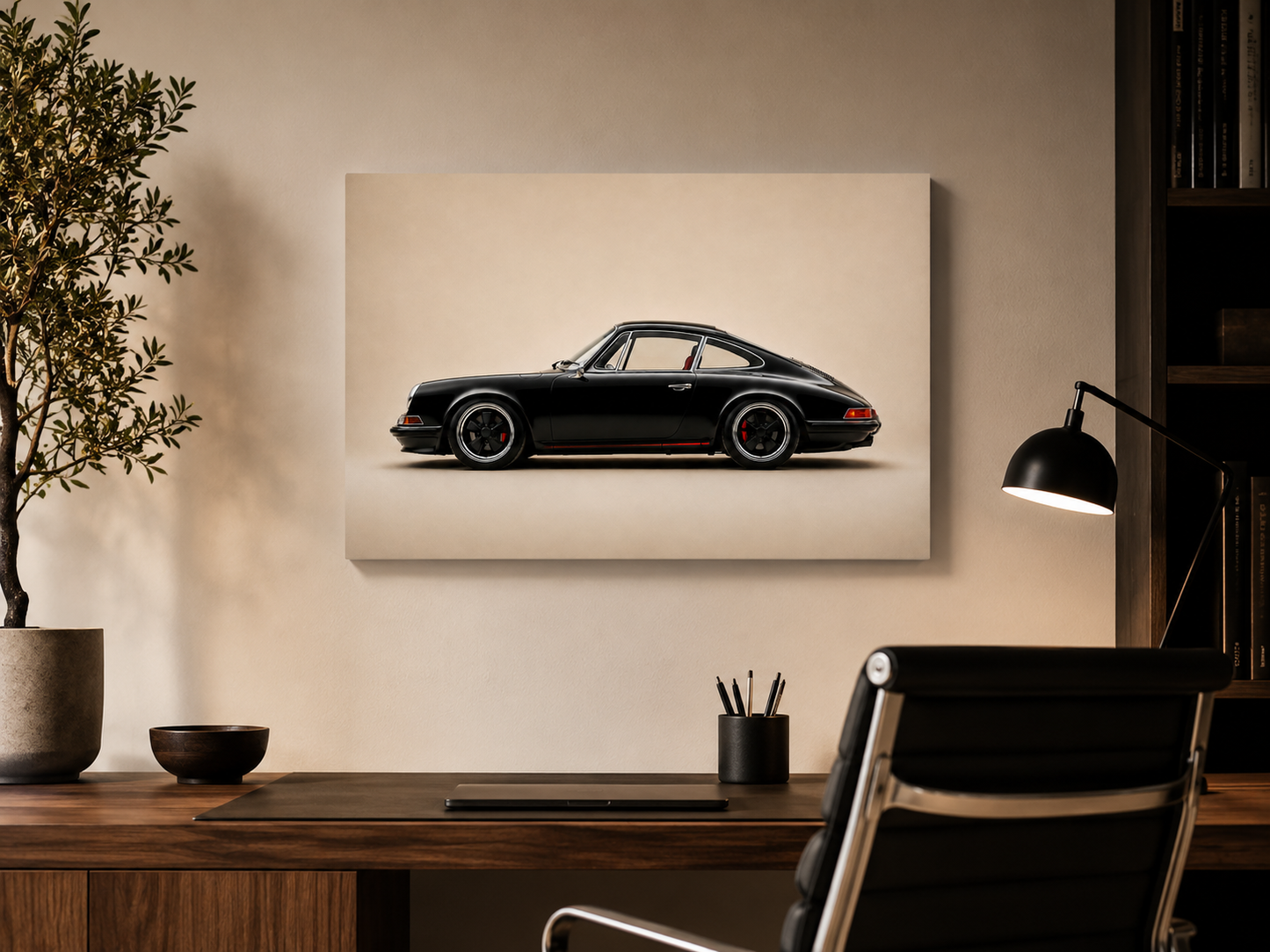 Minimalist automotive canvas displayed above a modern office desk