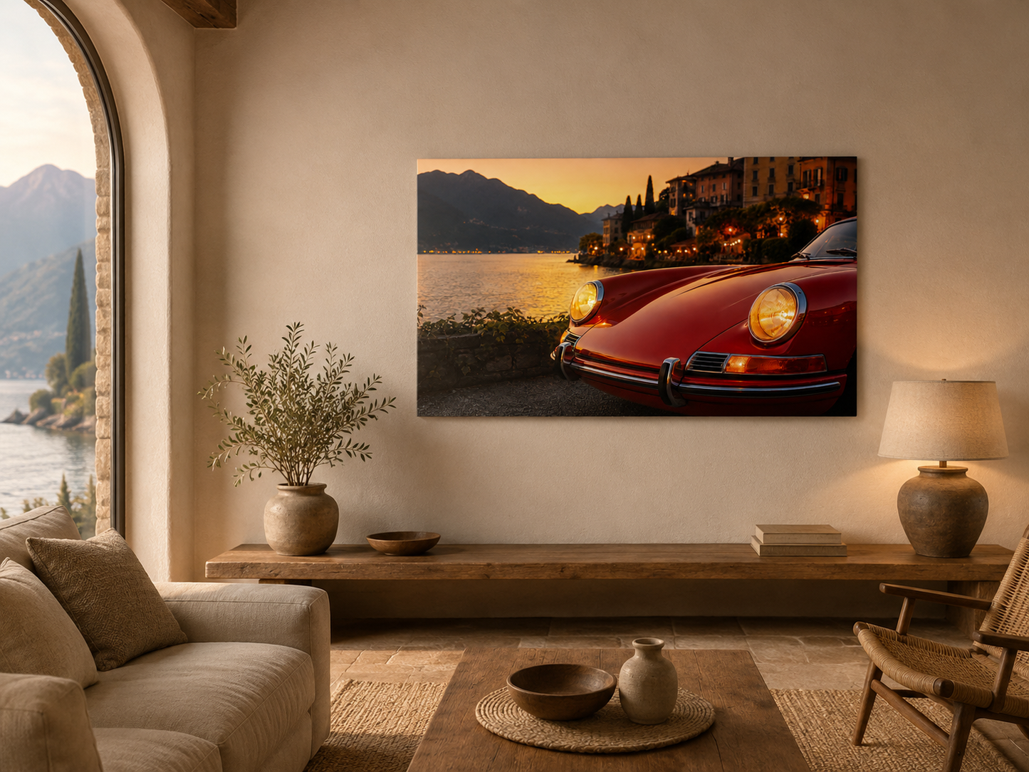 Crimson Riviera classic car wall art displayed in a warm neutral contemporary living room