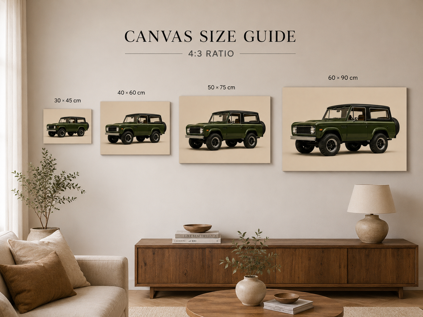 Olive Trail canvas size comparison in 30x45 40x60 50x75 and 60x90 cm