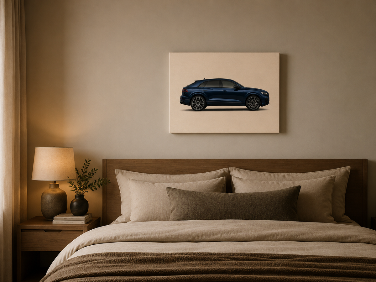 Midnight Q8 small blue luxury SUV canvas displayed above a bed in a warm neutral bedroom