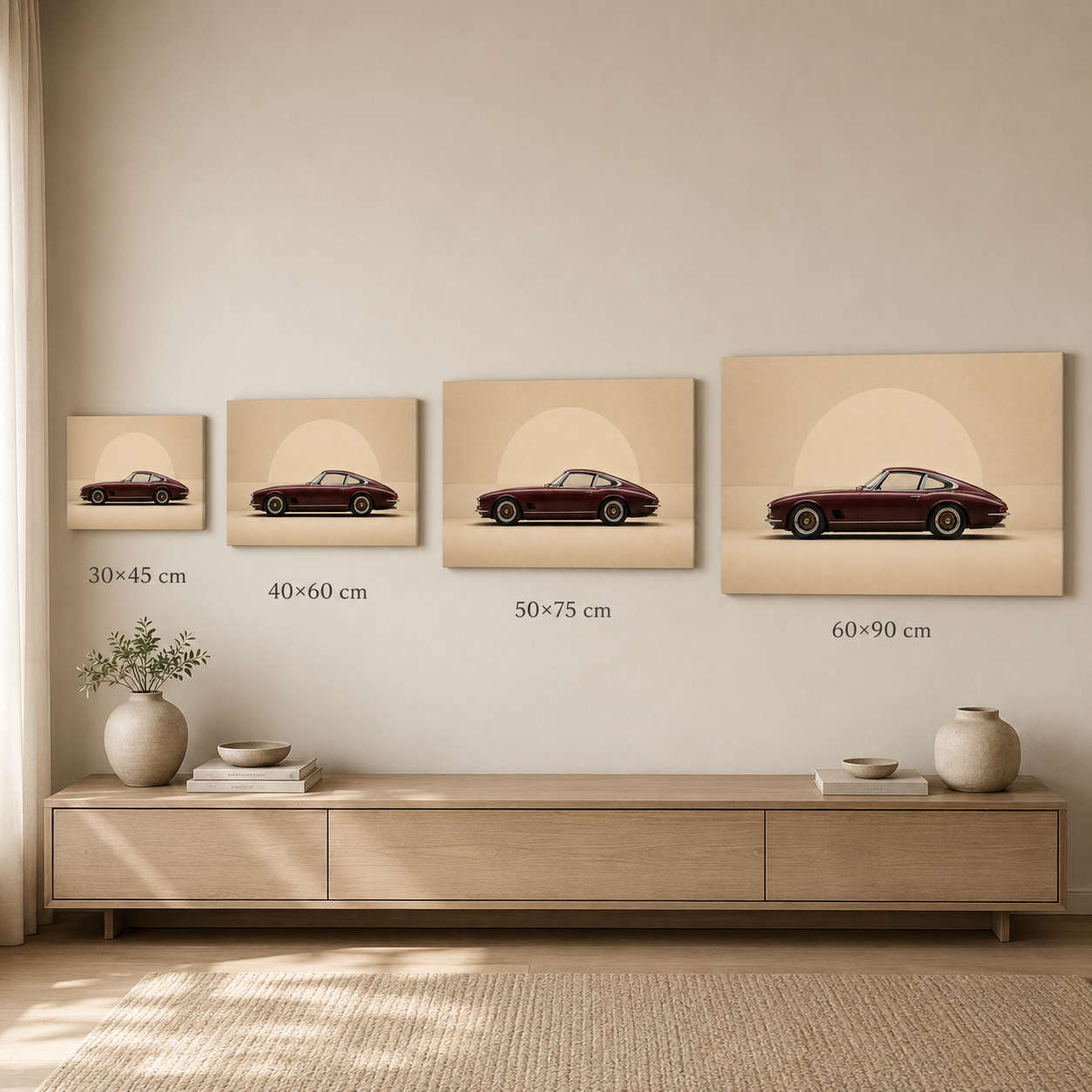 Burgundy Horizon canvas size comparison in 30x45 40x60 50x75 and 60x90 cm