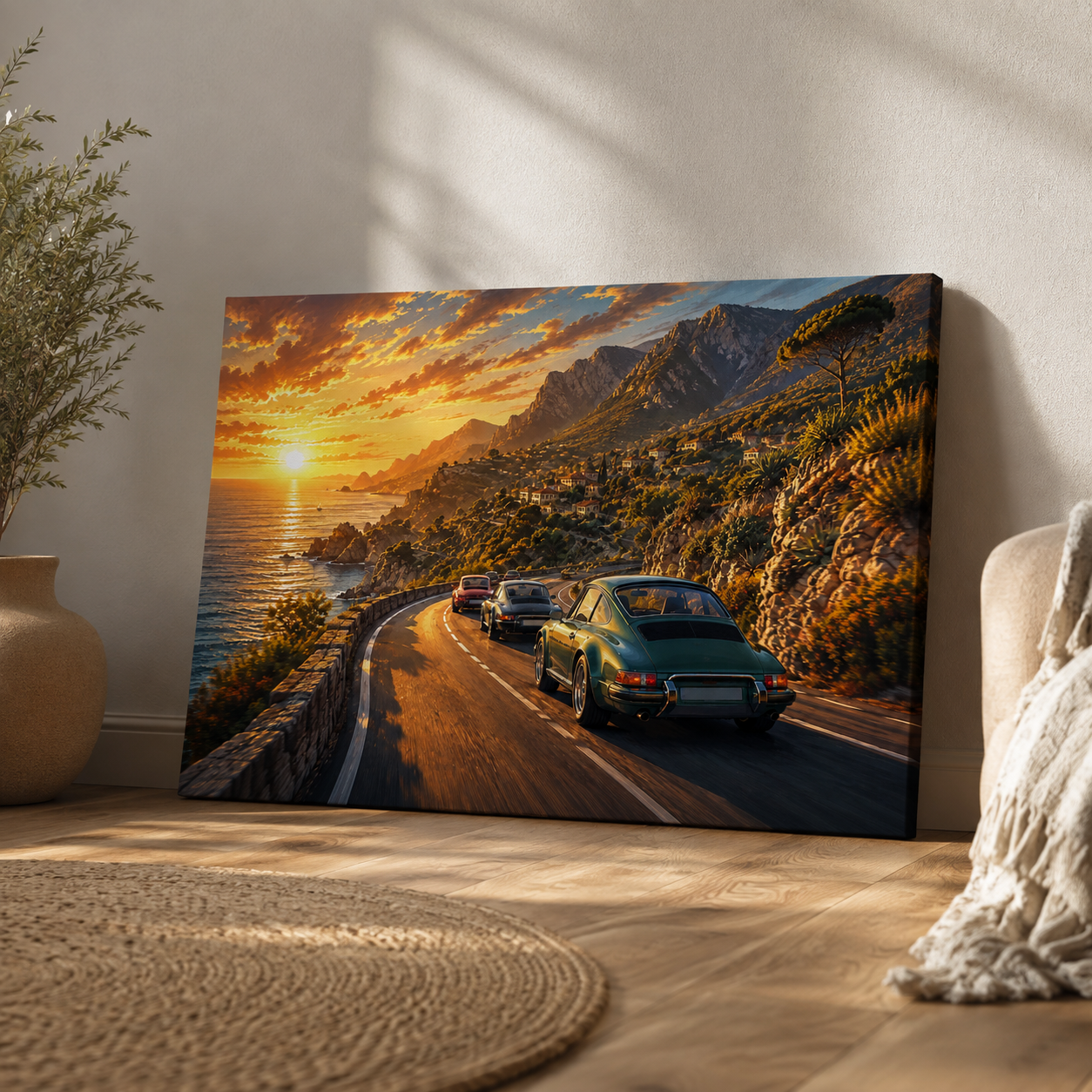 Golden Coast Run cinematic coastal canvas leaning against a wall in a bright modern interior
