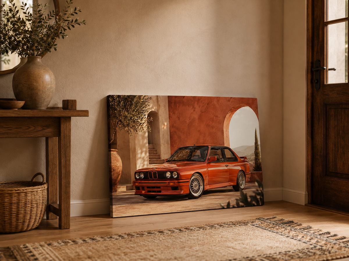 Rosso M3 classic red performance car canvas leaning on the floor in a warm entryway