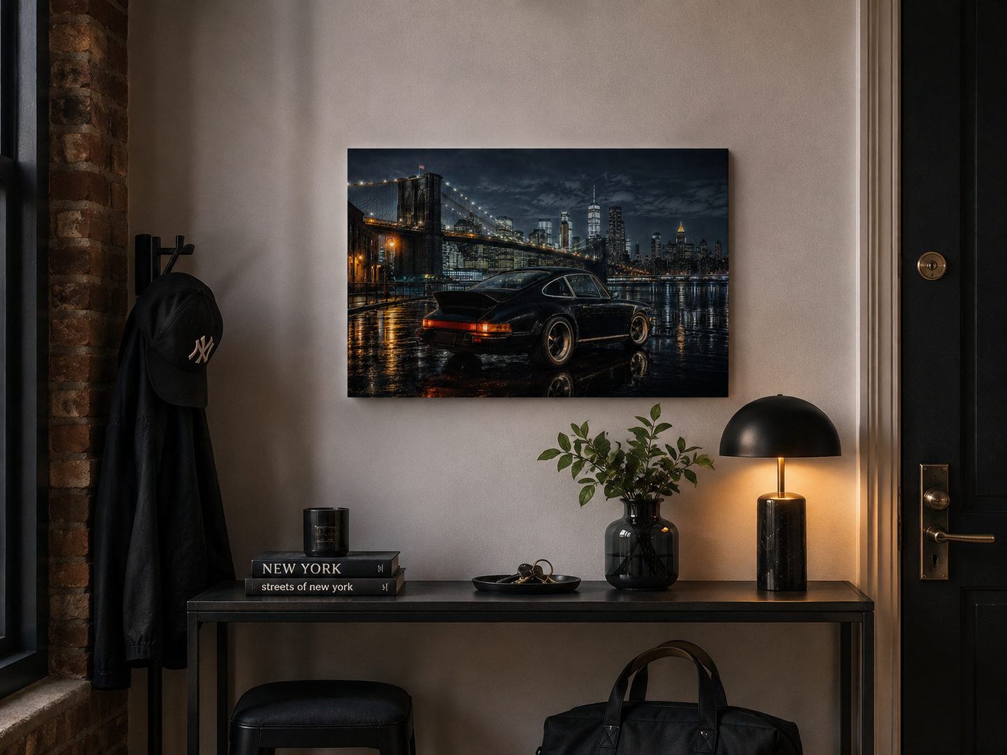 Midnight Borough classic car art displayed above a modern apartment entryway console
